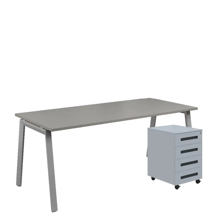 SET-AK 388 stůl kancelářský, kovová podnož stříbrná + kontejner pojízdný, 4-zásuvkový, šedá