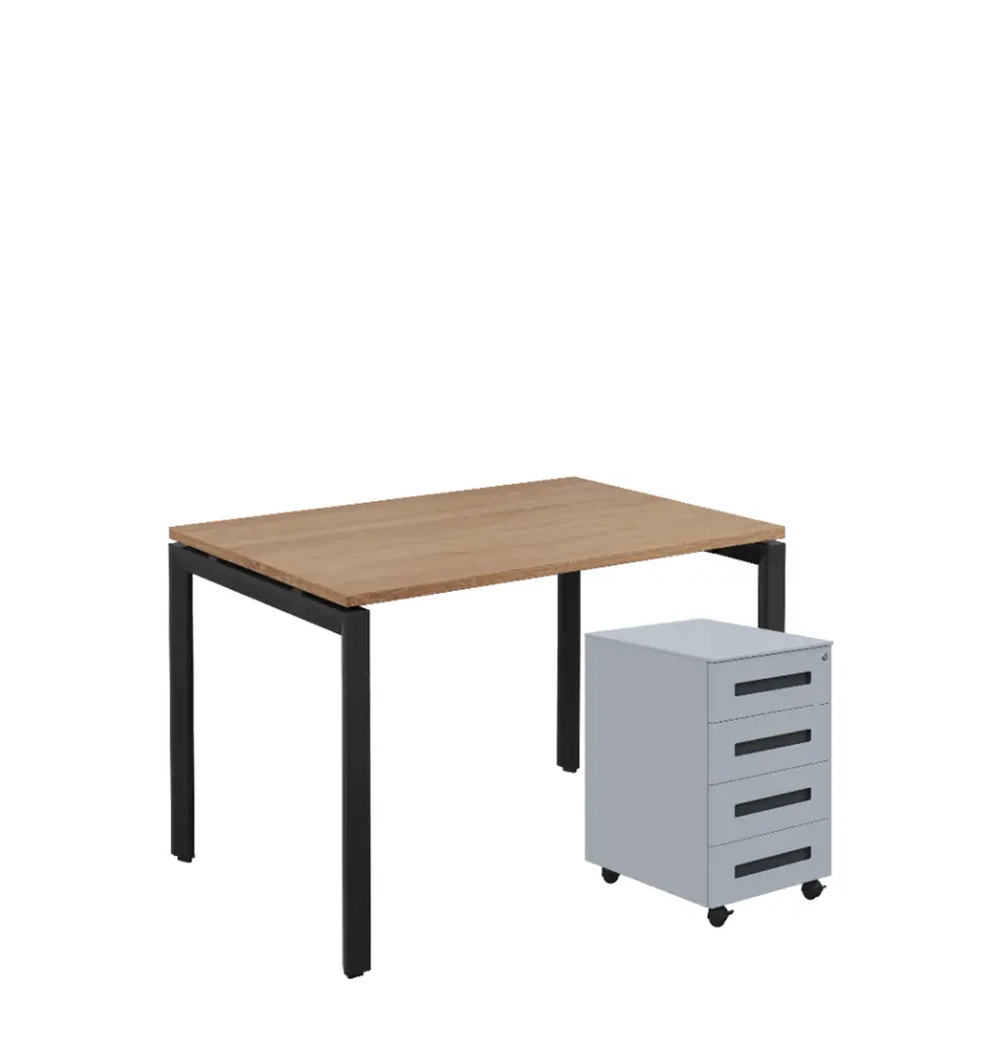 SET-UK 328 stůl kancelářský, kovová podnož černá + kontejner pojízdný, 4-zásuvkový, dub bardolino