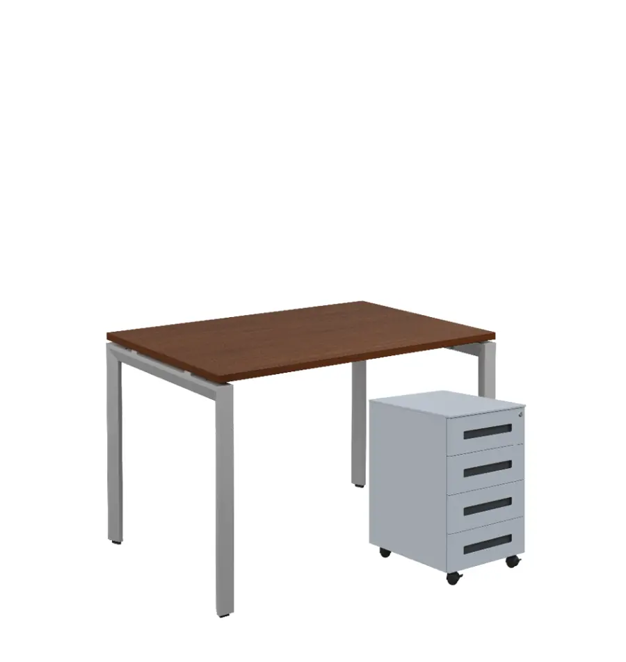 SET-UK 328 stůl kancelářský, kovová podnož stříbrná + kontejner pojízdný, 4-zásuvkový, ořech královský