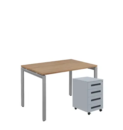 SET-UK 328 stůl kancelářský, kovová podnož stříbrná + kontejner pojízdný, 4-zásuvkový, dub bardolino