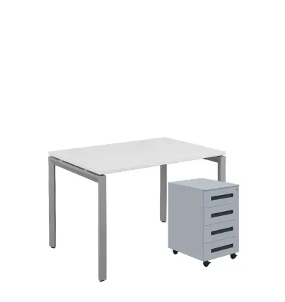 SET-UK 328 stůl kancelářský, kovová podnož stříbrná + kontejner pojízdný, 4-zásuvkový, bílá