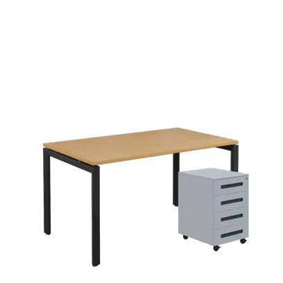 SET-UK 348 stůl kancelářský, kovová podnož černá + kontejner pojízdný, 4-zásuvkový, javor horský