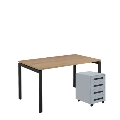 SET-UK 348 stůl kancelářský, kovová podnož černá + kontejner pojízdný, 4-zásuvkový, dub bardolino