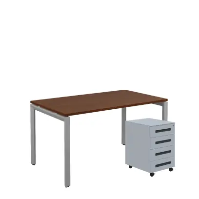 SET-UK 348 stůl kancelářský, kovová podnož stříbrná + kontejner pojízdný, 4-zásuvkový, ořech královský