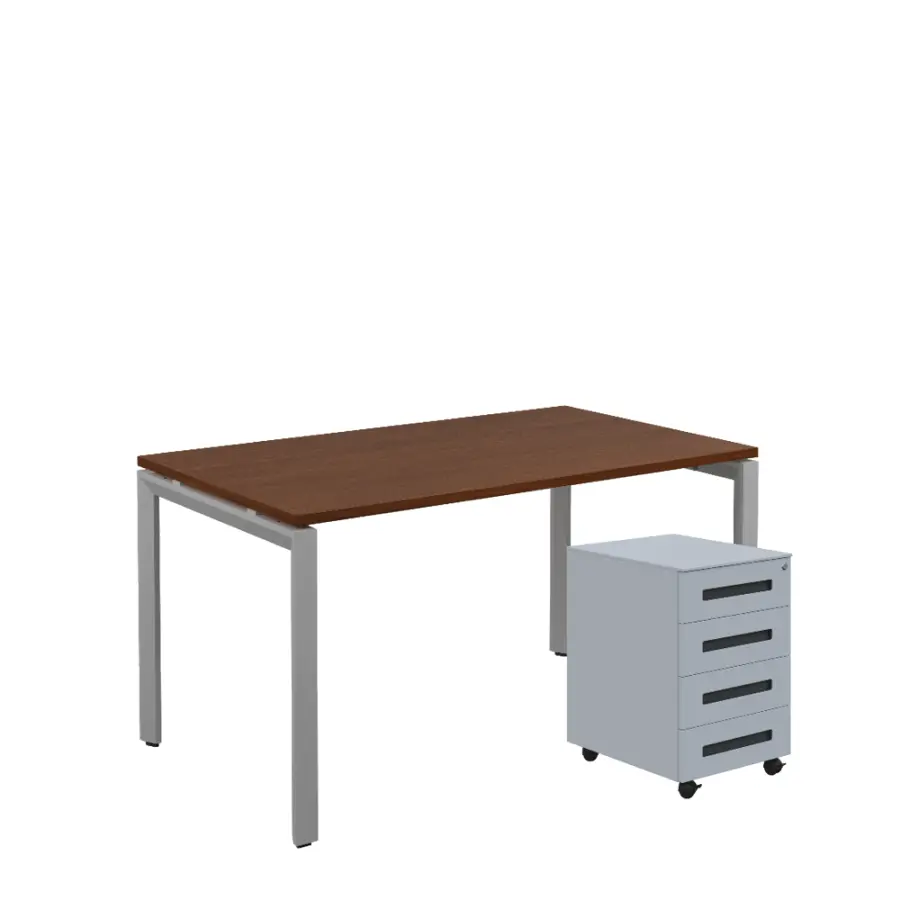 SET-UK 348 stůl kancelářský, kovová podnož stříbrná + kontejner pojízdný, 4-zásuvkový, ořech královský