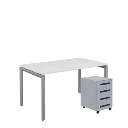 SET-UK 348 stůl kancelářský, kovová podnož stříbrná + kontejner pojízdný, 4-zásuvkový, bílá