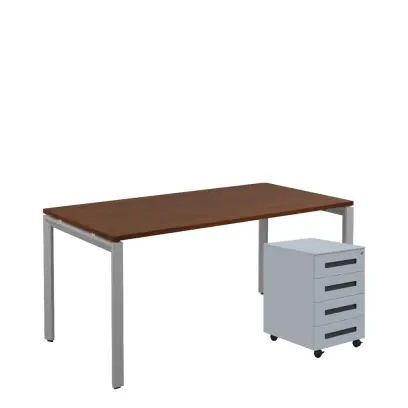 SET-UK 368 stůl kancelářský, kovová podnož stříbrná + kontejner pojízdný, 4-zásuvkový, ořech královský