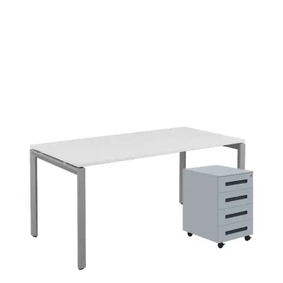 SET-UK 368 stůl kancelářský, kovová podnož stříbrná + kontejner pojízdný, 4-zásuvkový, bílá