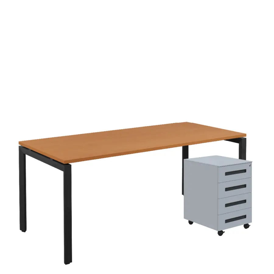 SET-UK 388 stůl kancelářský, kovová podnož černá + kontejner pojízdný, 4-zásuvkový, buk royal