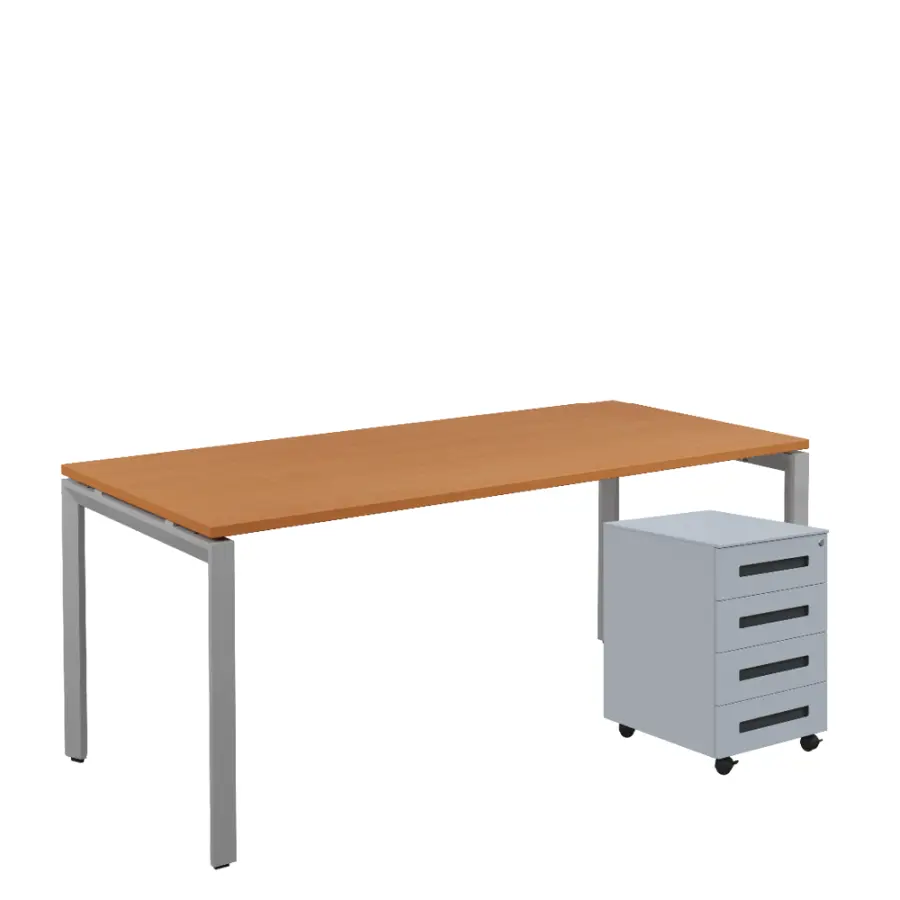 SET-UK 388 stůl kancelářský, kovová podnož stříbrná + kontejner pojízdný, 4-zásuvkový, buk royal