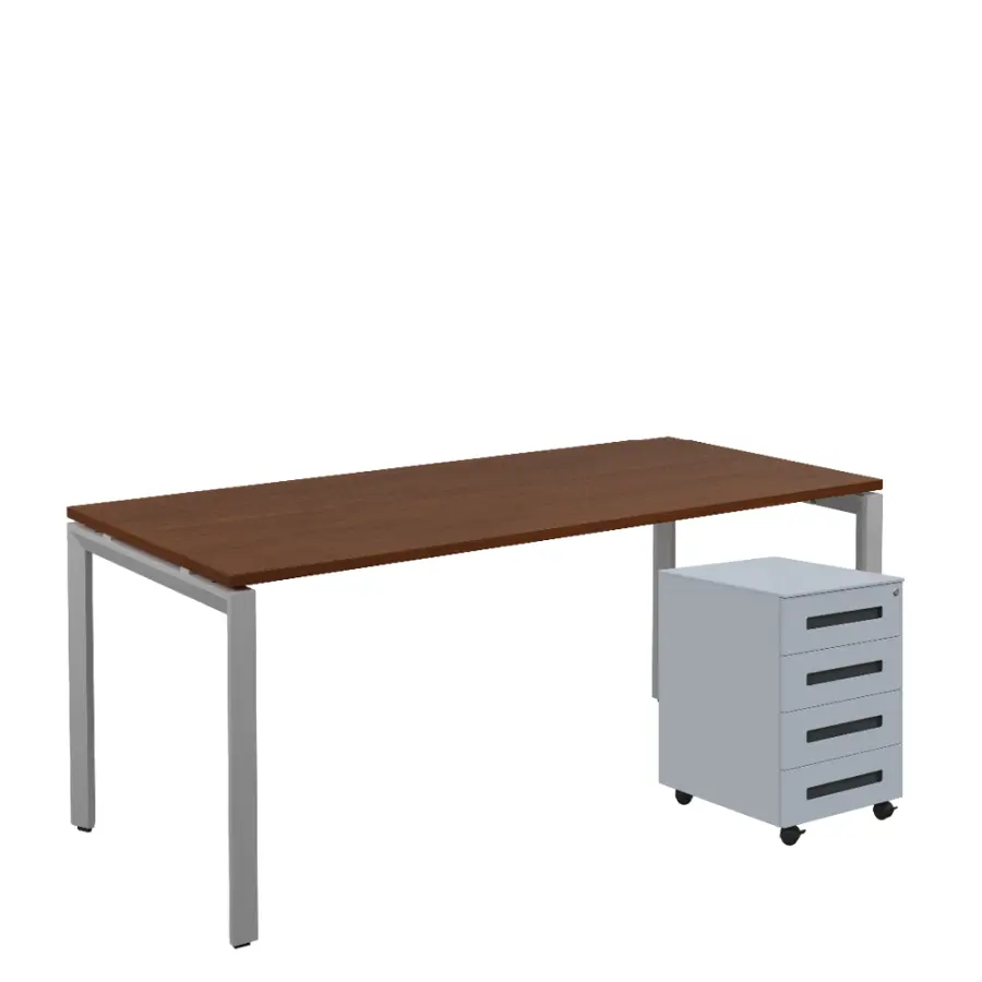 SET-UK 388 stůl kancelářský, kovová podnož stříbrná + kontejner pojízdný, 4-zásuvkový, ořech královský