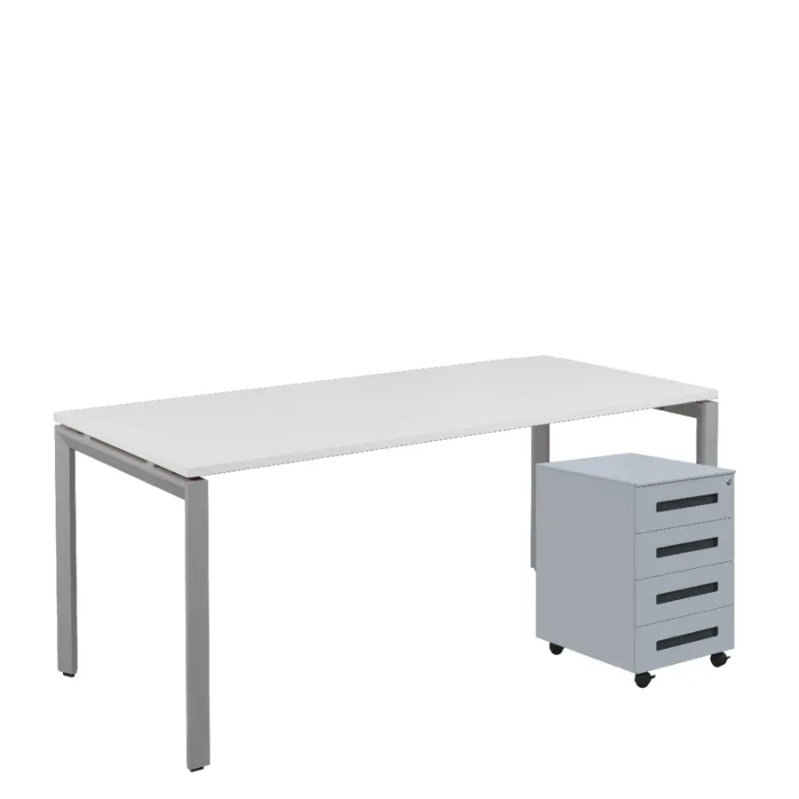 SET-UK 388 stůl kancelářský, kovová podnož stříbrná + kontejner pojízdný, 4-zásuvkový, bílá