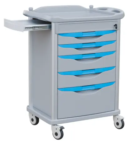OVM - 07, vozík zdravotnický, 5-zásuvkový, šedý, madla tyrkysová