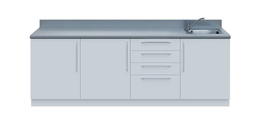 KUCH - CV240 cvičná kuchyňka, vybavení - dřez + baterie, 870x2400x600 mm, bílá + deska titan