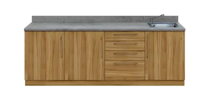 KUCH - CV240 cvičná kuchyňka, vybavení - dřez + baterie, 870x2400x600 mm, ořech světlý + deska beton šedý