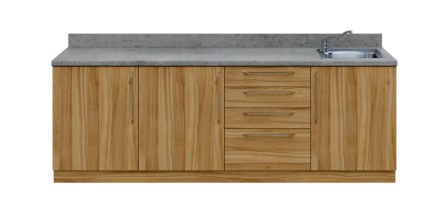 KUCH - CV240 cvičná kuchyňka, vybavení - dřez + baterie, 870x2400x600 mm, ořech světlý + deska beton šedý