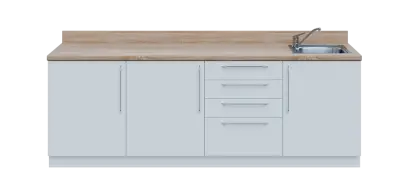 KUCH - CV240 cvičná kuchyňka, vybavení - dřez + baterie, 870x2400x600 mm, bílá + deska dub bardolino