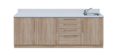 KUCH - CV240 cvičná kuchyňka, vybavení - dřez + baterie, 870x2400x600 mm, dub bardolino + deska bílá perlička