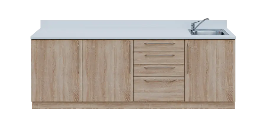 KUCH - CV240 cvičná kuchyňka, vybavení - dřez + baterie, 870x2400x600 mm, dub bardolino + deska bílá perlička