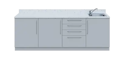 KUCH - CV240 cvičná kuchyňka, vybavení - dřez + baterie, 870x2400x600 mm, šedá + deska bílá Andromeda