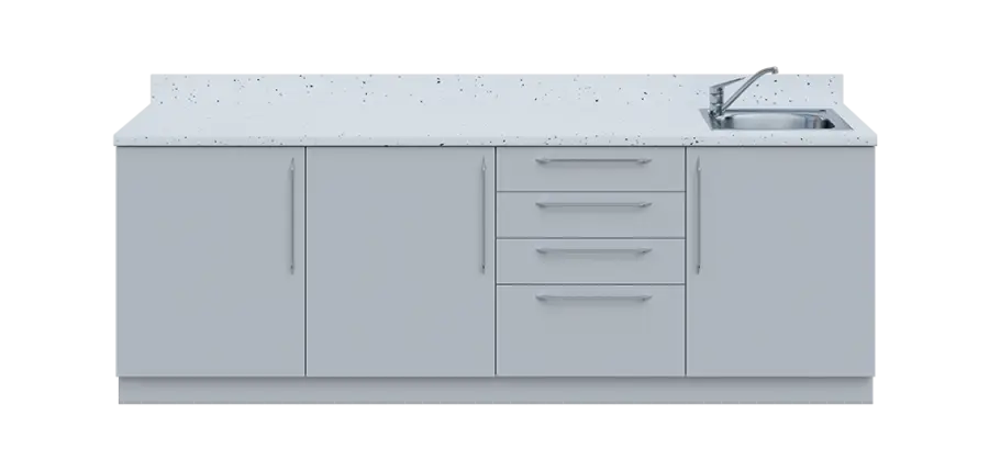 KUCH - CV240 cvičná kuchyňka, vybavení - dřez + baterie, 870x2400x600 mm, šedá + deska bílá Andromeda