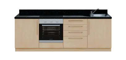 KUCH - CV240 cvičná kuchyňka, vybavení - dřez + baterie + trouba + varná deska, 870x2400x600 mm, bříza irská + deska černá andromeda