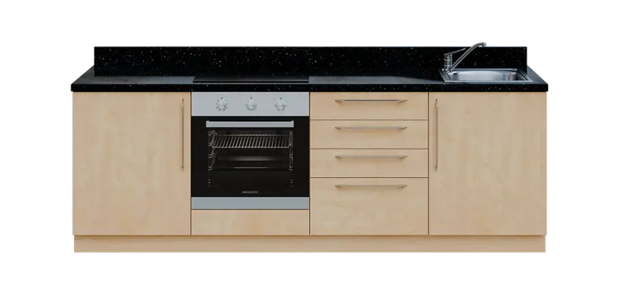 KUCH - CV240 cvičná kuchyňka, vybavení - dřez + baterie + trouba + varná deska, 870x2400x600 mm, bříza irská + deska černá andromeda