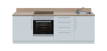 KUCH - CV240 cvičná kuchyňka, vybavení - dřez + baterie + trouba + varná deska, 870x2400x600 mm, bílá + deska dub bardolino
