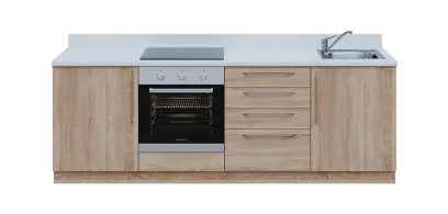 KUCH - CV240 cvičná kuchyňka, vybavení - dřez + baterie + trouba + varná deska, 870x2400x600 mm, dub bardolino + deska bílá perlička