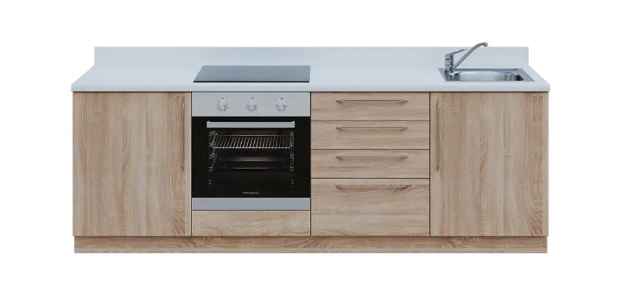 KUCH - CV240 cvičná kuchyňka, vybavení - dřez + baterie + trouba + varná deska, 870x2400x600 mm, dub bardolino + deska bílá perlička