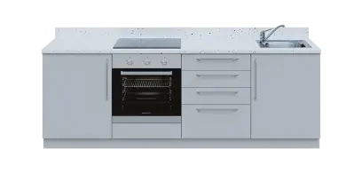 KUCH - CV240 cvičná kuchyňka, vybavení - dřez + baterie + trouba + varná deska, 870x2400x600 mm, šedá + deska bílá Andromeda