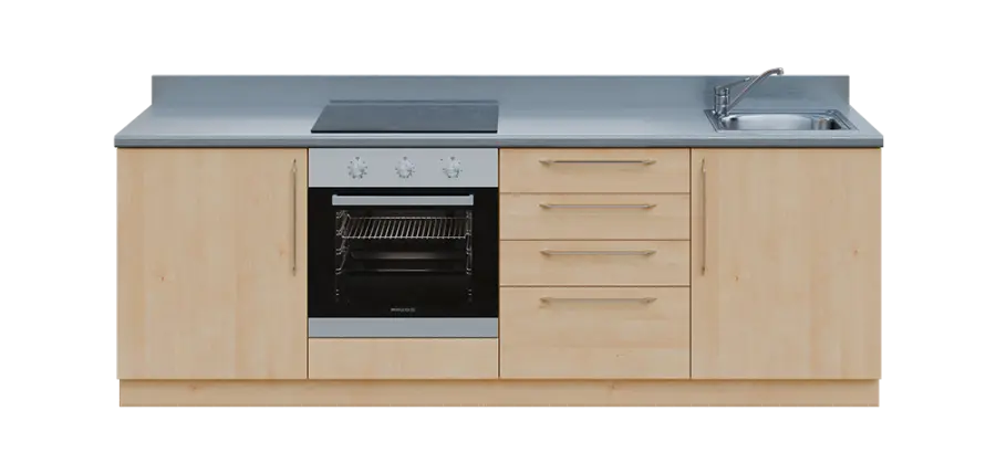 KUCH - CV240 cvičná kuchyňka, vybavení - dřez + baterie + trouba + varná deska, 870x2400x600 mm, javor horský + deska titan