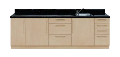 KUCH - CV260 cvičná kuchyňka, vybavení - dřez + baterie, 870x2600x600 mm, bříza irská + deska černá andromeda