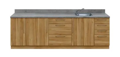 KUCH - CV260 cvičná kuchyňka, vybavení - dřez + baterie, 870x2600x600 mm, ořech světlý + deska beton šedý