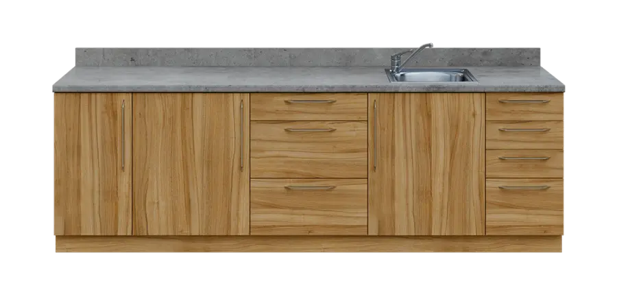 KUCH - CV260 cvičná kuchyňka, vybavení - dřez + baterie, 870x2600x600 mm, ořech světlý + deska beton šedý