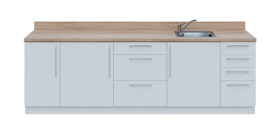 KUCH - CV260 cvičná kuchyňka, vybavení - dřez + baterie, 870x2600x600 mm, bílá + deska dub bardolino