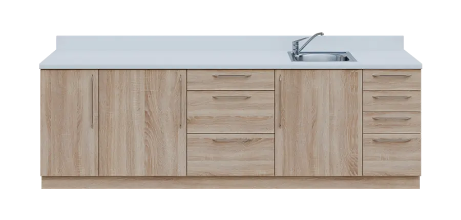 KUCH - CV260 cvičná kuchyňka, vybavení - dřez + baterie, 870x2600x600 mm, dub bardolino + deska bílá perlička