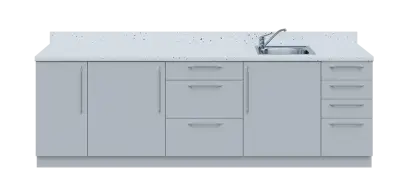 KUCH - CV260 cvičná kuchyňka, vybavení - dřez + baterie, 870x2600x600 mm, šedá + deska bílá Andromeda