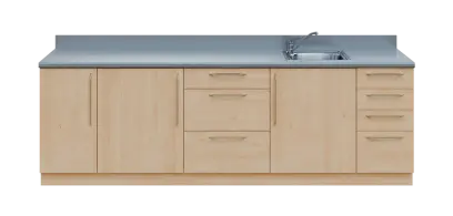 KUCH - CV260 cvičná kuchyňka, vybavení - dřez + baterie, 870x2600x600 mm, javor horský + deska titan