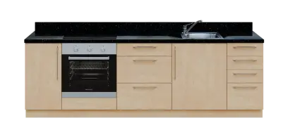 KUCH - CV260 cvičná kuchyňka, vybavení - dřez + baterie + trouba + varná deska, 870x2600x600 mm, bříza irská + deska černá andromeda