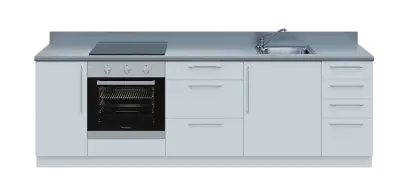 KUCH - CV260 cvičná kuchyňka, vybavení - dřez + baterie + trouba + varná deska, 870x2600x600 mm, bílá + deska titan