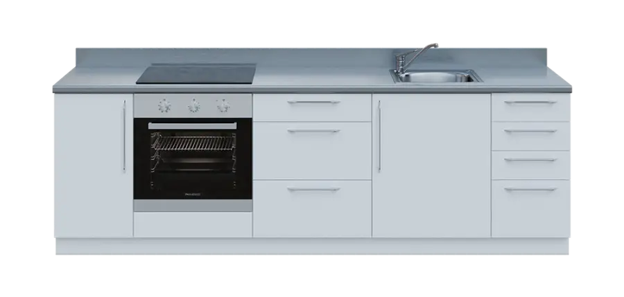 KUCH - CV260 cvičná kuchyňka, vybavení - dřez + baterie + trouba + varná deska, 870x2600x600 mm, bílá + deska titan