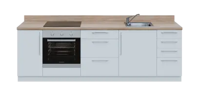 KUCH - CV260 cvičná kuchyňka, vybavení - dřez + baterie + trouba + varná deska, 870x2600x600 mm, bílá + deska dub bardolino