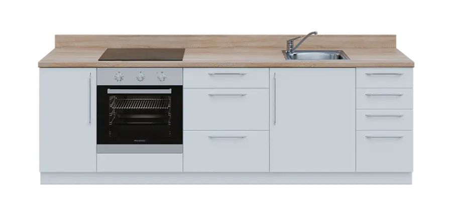 KUCH - CV260 cvičná kuchyňka, vybavení - dřez + baterie + trouba + varná deska, 870x2600x600 mm, bílá + deska dub bardolino