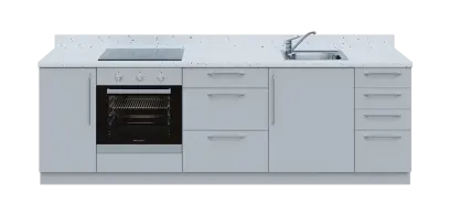 KUCH - CV260 cvičná kuchyňka, vybavení - dřez + baterie + trouba + varná deska, 870x2600x600 mm, šedá + deska bílá Andromeda