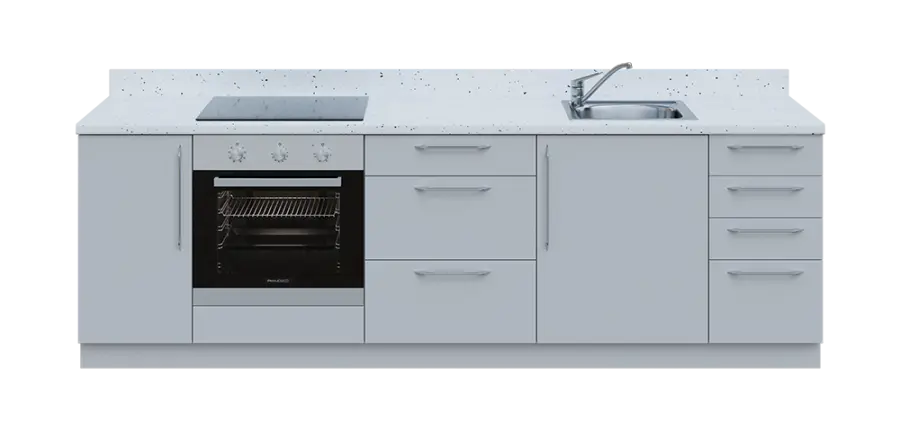 KUCH - CV260 cvičná kuchyňka, vybavení - dřez + baterie + trouba + varná deska, 870x2600x600 mm, šedá + deska bílá Andromeda