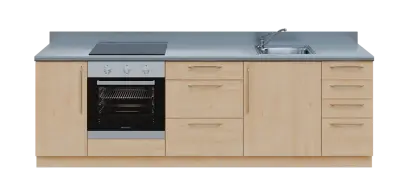 KUCH - CV260 cvičná kuchyňka, vybavení - dřez + baterie + trouba + varná deska, 870x2600x600 mm, javor horský + deska titan