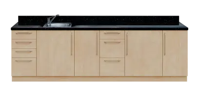 KUCH - CV280 cvičná kuchyňka, vybavení - dřez + baterie, 870x2800x600 mm, bříza irská + deska černá andromeda