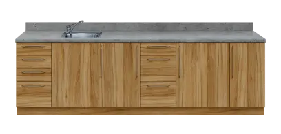 KUCH - CV280 cvičná kuchyňka, vybavení - dřez + baterie, 870x2800x600 mm, ořech světlý + deska beton šedý