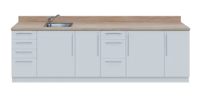 KUCH - CV280 cvičná kuchyňka, vybavení - dřez + baterie, 870x2800x600 mm, bílá + deska dub bardolino